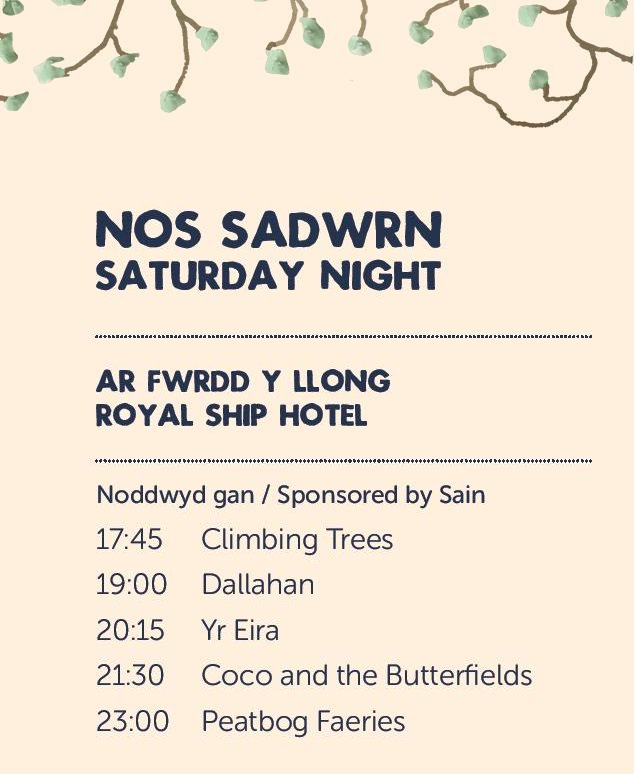 Sesiwn Fawr Dolgellau (@sesiwnfawr) on Twitter photo A dyma ein lein-yp yn llawn ar gyfer nos Sadwrn! Cyffrous! <a href="/ClimbingTrees/">Climbing Trees</a> <a href="/DallahanMusic/">Dallahan</a> <a href="/Yr_Eira/">YR EIRA</a> <a href="/butterfieldcoco/">CoCo</a> <a href="/PeatbogFaeries/">Peatbog Faeries</a> #yagym A dyma ein lein-yp yn llawn ar gyfer nos Sadwrn! Cyffrous! <a href="/ClimbingTrees/">Climbing Trees</a> <a href="/DallahanMusic/">Dallahan</a> <a href="/Yr_Eira/">YR EIRA</a> <a href="/butterfieldcoco/">CoCo</a> <a href="/PeatbogFaeries/">Peatbog Faeries</a> #yagym