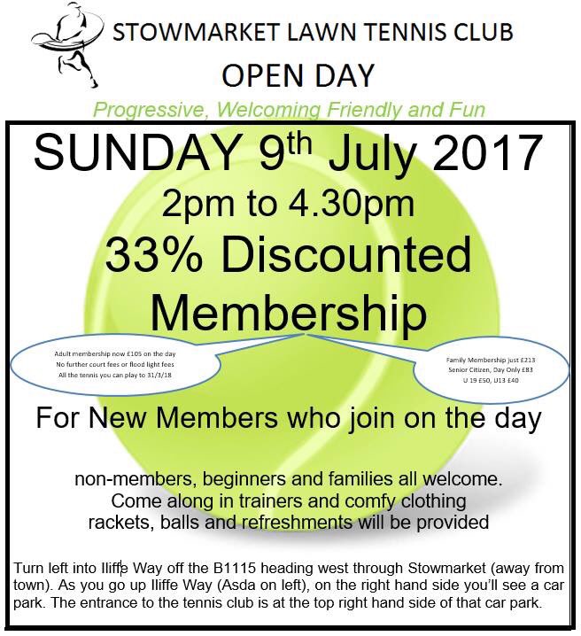 <a href="/StowStriders/">Stowmarket Striders</a> <a href="/mixstowmarket/">The Mix Stowmarket</a> pls rt: stowmarket tennis open day Sunday 9th. Come along, massive discount on membership. See you there.