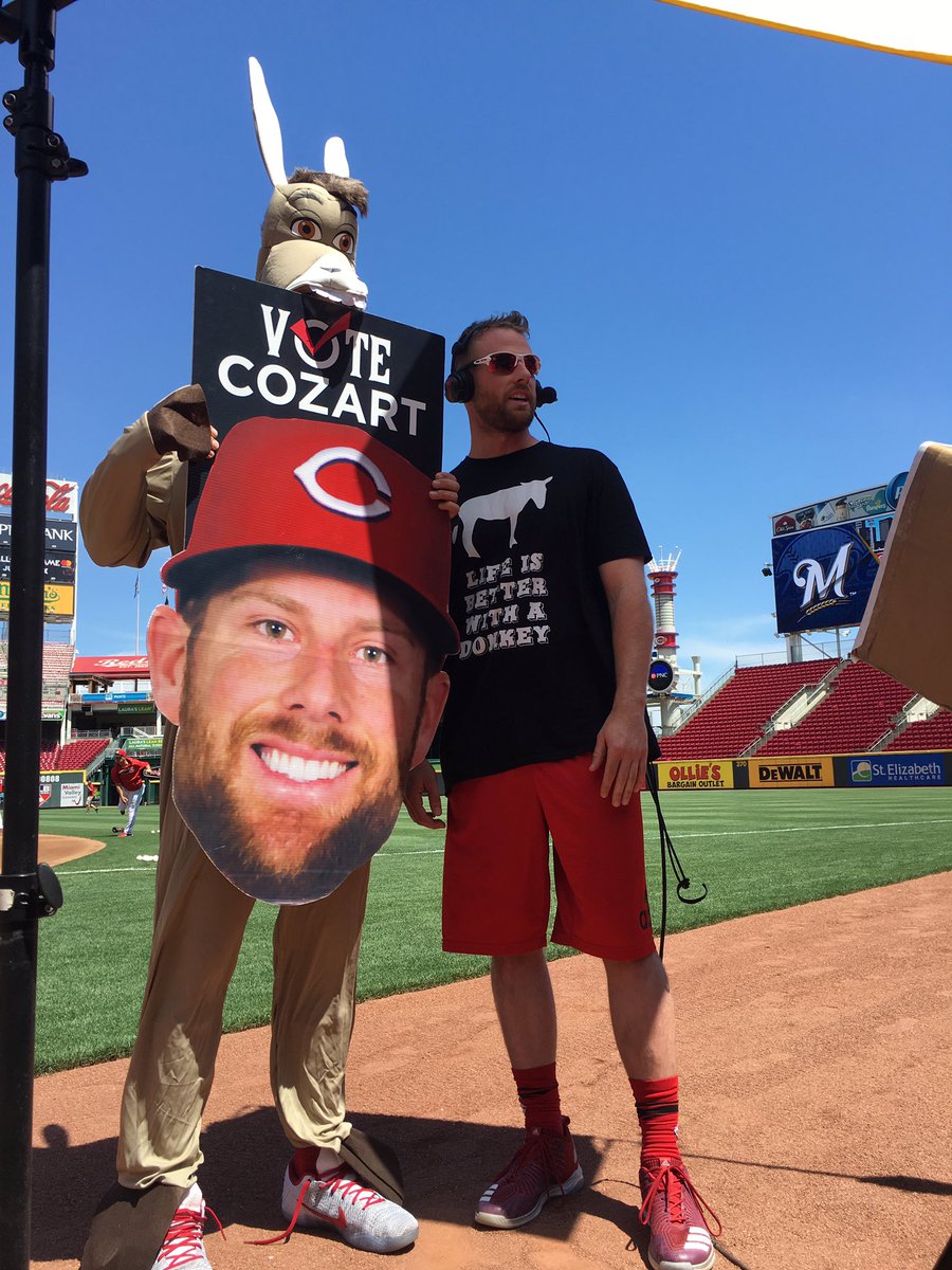 Reds's tweet photo. Joey Votto. In a donkey costume. On television.

If that doesn't get you to #VoteCozart, then nothing will.

☑️ https://t.co/HKf2mrrBht https://t.co/beW036axzi