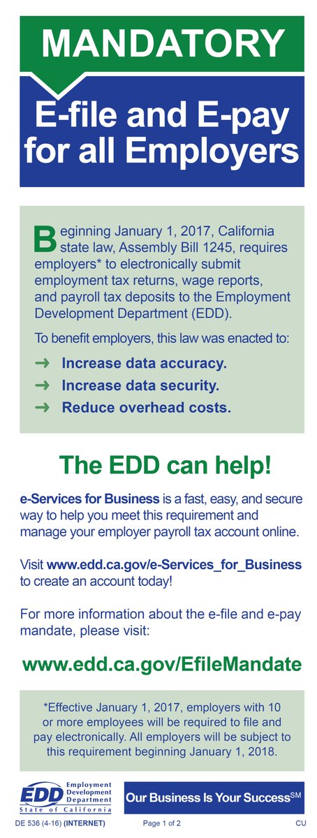 SJVRDC's tweet photo. Ca State Law, Requires employers to electronically submit employment tax returns wage reports &amp; payroll tax deposits to EDD #AB1245 #CaLaw https://t.co/Da2veRJF08