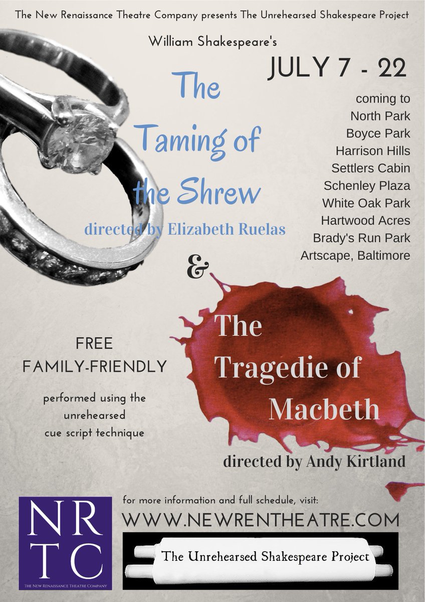 NewRenTheatreCo's tweet photo. THE TAMING OF THE SHREW &amp; THE TRAGEDIE OF MACBETH open in just over a week! #LoveMarriageMayhem https://t.co/TkLd4bQgAQ