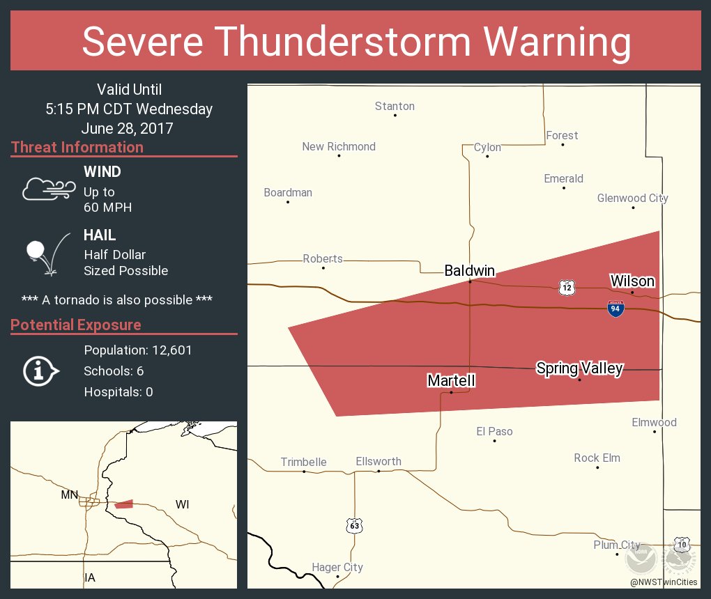 Severe Thunderstorm Warning including Baldwin WI, Spring Valley WI