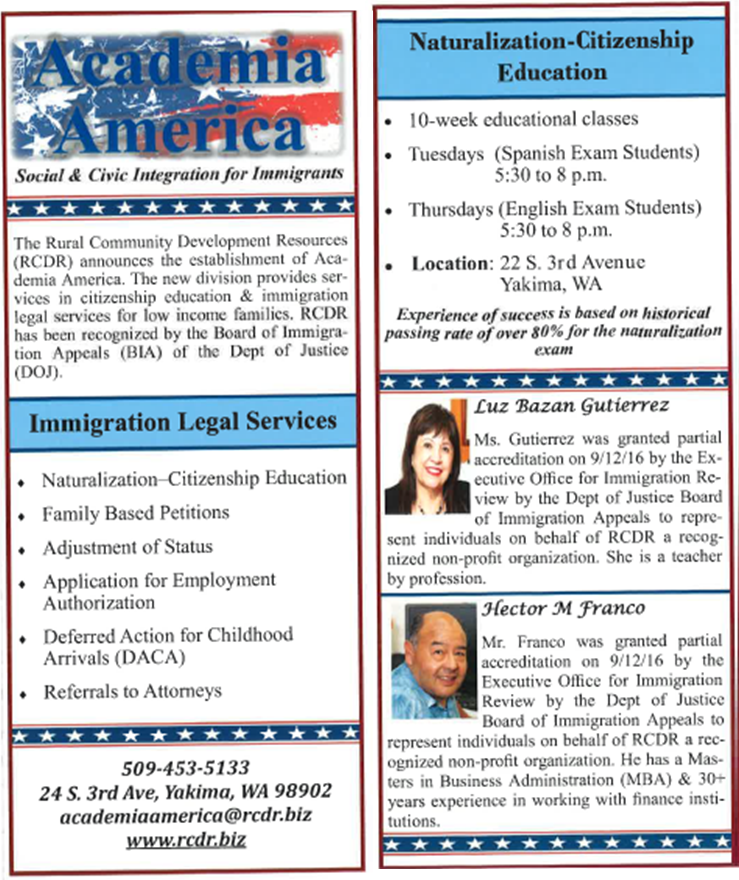 CenterforBusDev's tweet photo. RCDR "Academia America" provides a pathway to become a US Citizen. Please call at 509-895-7000 for sign up or more information. https://t.co/UVw1vpO8Gs