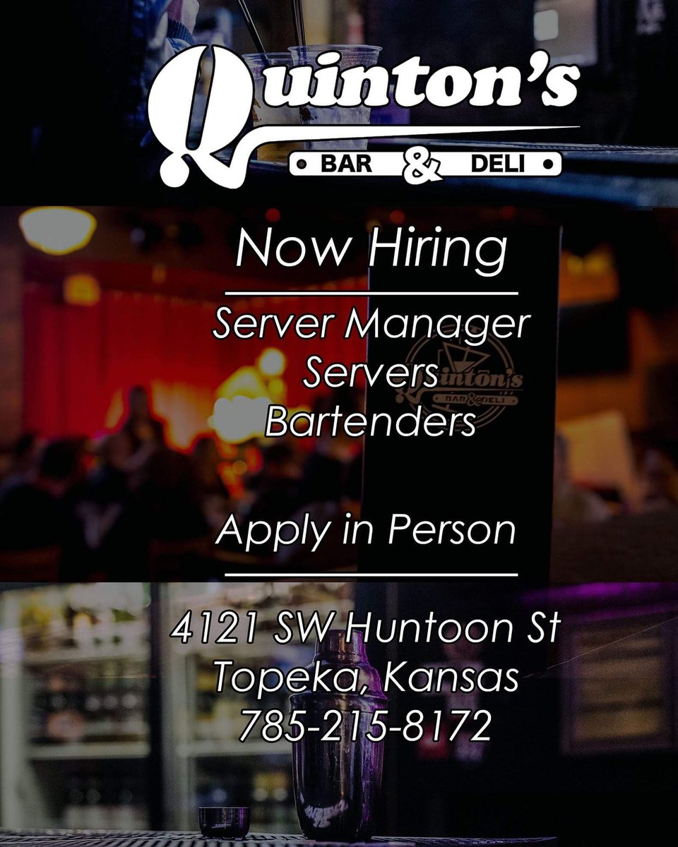 <a href="/QuintonsTopeka/">Quinton's Topeka</a> is now hiring!! #bartender #bartenders #server #manager #nowhiring #hiring #job #jobs #topeka #fun #quintons #qslive #785