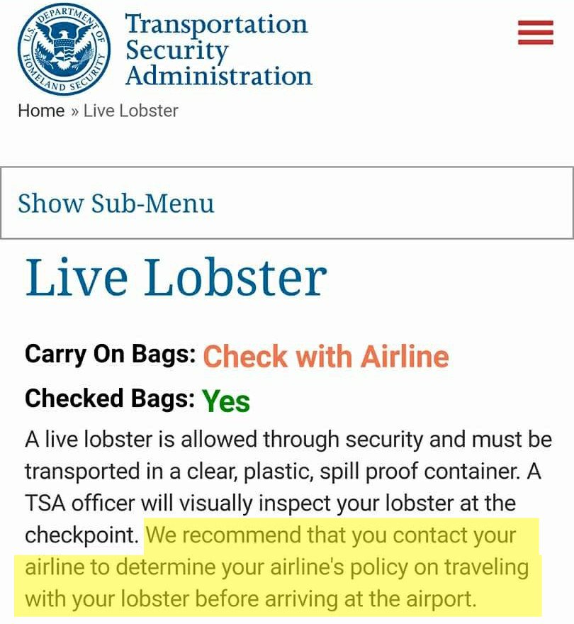 roxxymarks's tweet photo. @SpiritAirlines For clarification, can I bring my lobster as a carry-on, not as an emotional support animal? https://t.co/38EVAdAOTh