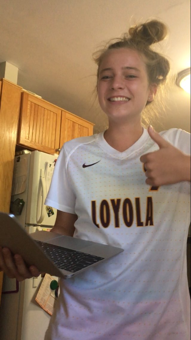 hrward14's tweet photo. I think Madeleine is excited about verbally committing!! Super proud of my cousin bestie, Loyola is lucky to have you! #goramblers 🐺 https://t.co/TxtTXhY4A8