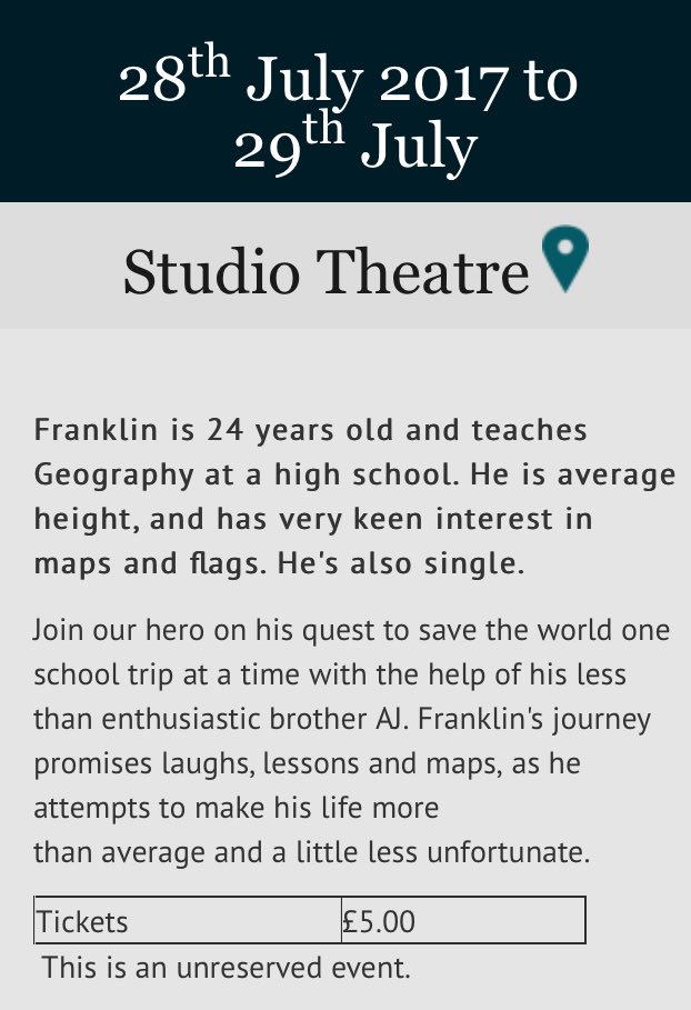 rightnowTF's tweet photo. 'The Unfortunate Yet Surprisingly Average Life of Franklin' is on sale! Friday 28th at 19:45 &amp; Saturday 29th at 17:00 &amp; 19:45 - link in bio https://t.co/neh29ogS9a
