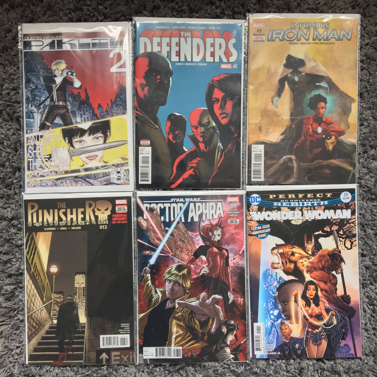 hawk80_steven's tweet photo. #NCBD #Paklis #Defenders #InfamousIronMan #Punisher #DoctorAphra &amp; @ruckawriter &amp; @LiamRSharp 's last issue of #WonderWoman -Cheers, guys. https://t.co/BerbyIZT56