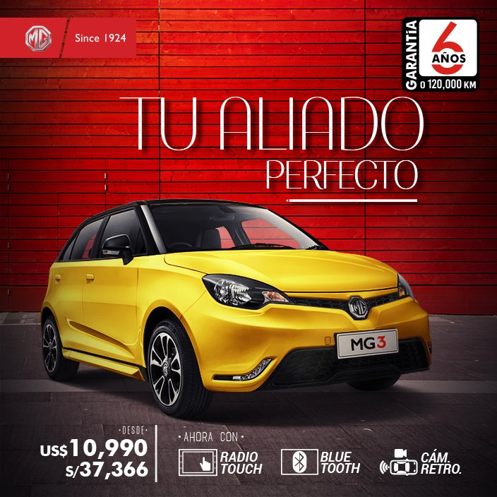 El camino empieza donde tú decidas.
Atrévete con tu MG3, el compañero ideal.
Conócelo aquí: goo.gl/9Xj34z
T.C. Referencial 3.4