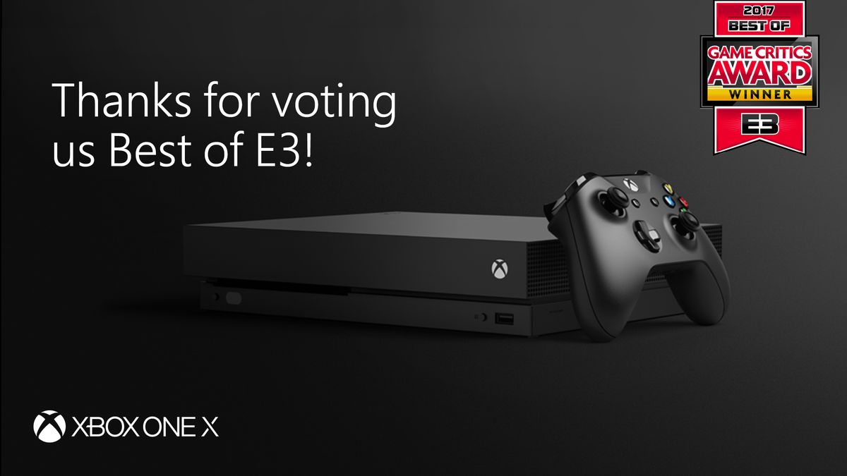 XBOX's tweet photo. From feeling true power to feeling true gratitude. Thanks to the Game Critics Awards for naming #XboxOneX Best Hardware/Peripheral. #XboxE3 https://t.co/bDdfvloLCK