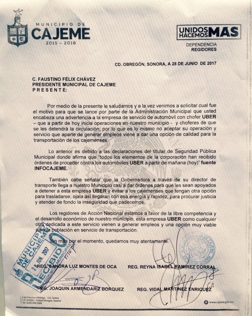 A favor desarrollo económico y mejor serv. transporte en Cd. Obregón, #regidorespan solicitamos a Alcalde informe porq actuar contra <a href="/Uber/">Uber</a>