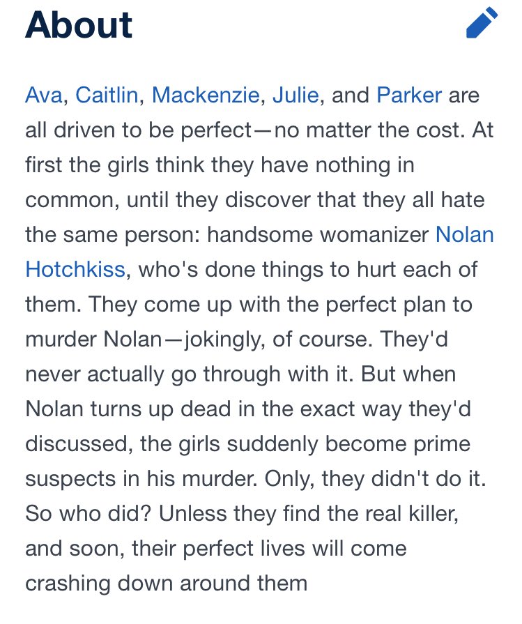 DeadLittleLiars's tweet photo. Marlene might produce a show based off another book series by Sara Shepard- The Perfectionists. &amp; it's similar to #PLL What do you think? https://t.co/4tGXMd1AlN