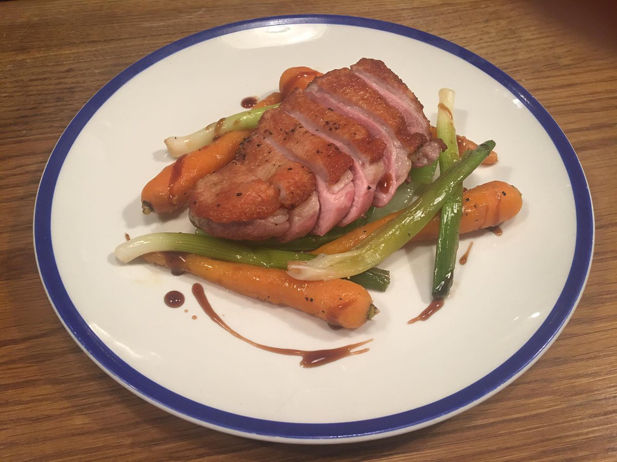 Have you tried our new great summer dishes yet.? It is available NOW! Today's special: Breast of Gressingham Duck with baby vegetables.#food