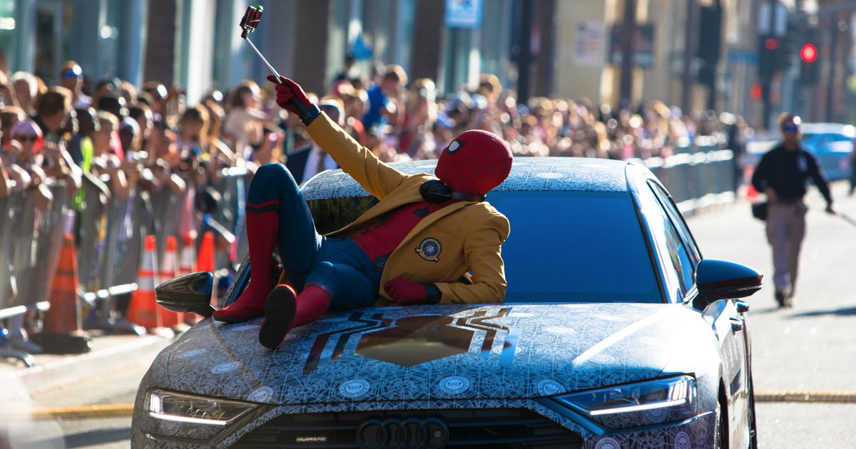 Audi's tweet image. Super Heroes and supercars at the Spider-Man: Homecoming premiere. In theaters 7/7. #SpiderManHomecoming