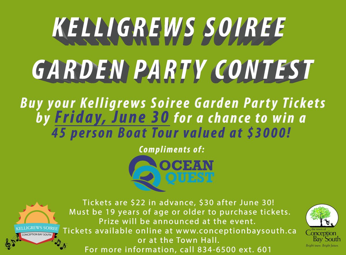 TownofCBS's tweet photo. Get your #KelligrewsSoiree Garden Party tickets by June 30 to win @OceanQuestNL Boat Tour valued at $3,000! https://t.co/zB7q0LmX0l https://t.co/Syfo5vrIql
