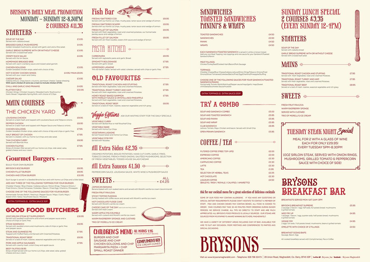 Brysons_bar's tweet photo. Happy Thursday - Hungry?!? then call in &amp; check out our delicious menu. #BrysonsMagherafelt https://t.co/XJNUTCCbfH