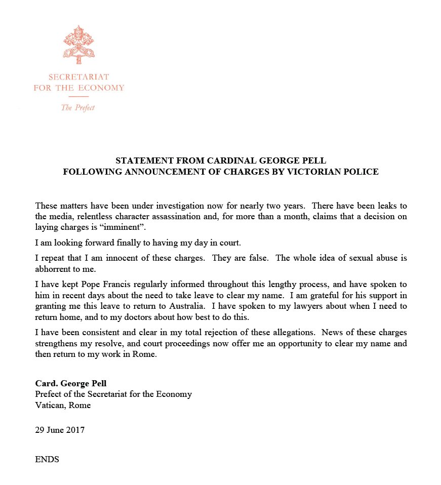 Official statement from Cardinal George #Pell