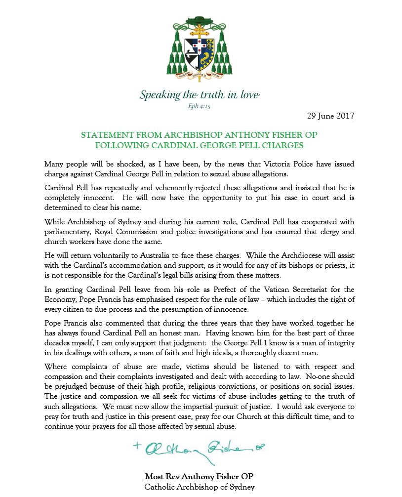 Statement from Archbishop of Sydney, <a href="/AnthonyFisherOP/">Archbishop Fisher OP</a> re Cardinal George #Pell