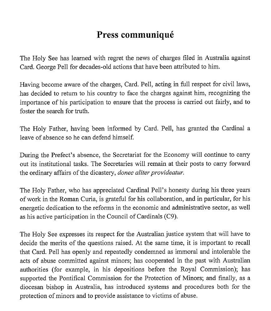 Media release from the Vatican, re Cardinal George #Pell