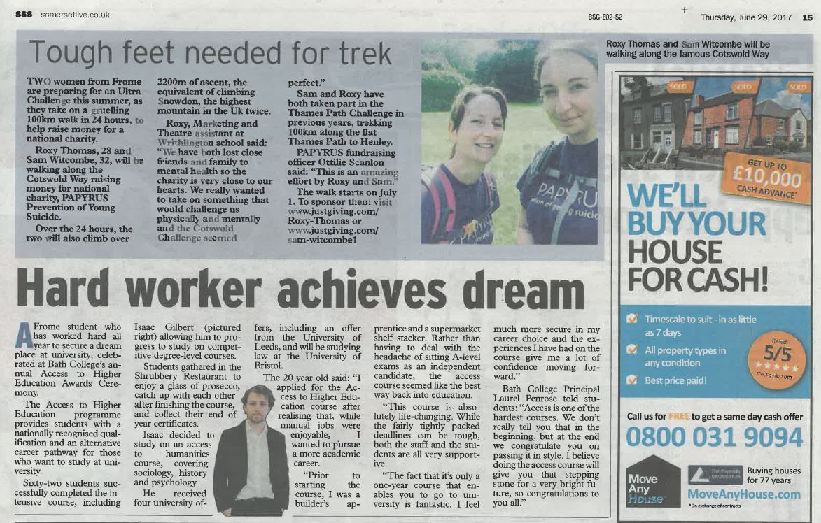 BathCollege's tweet photo. Access to Higher Education student Isaac is in the #FromeStandard today! Thanks @TimLethaby @Somerset__Live #localpaper #greatlocalnews https://t.co/EnwbGhEoHb