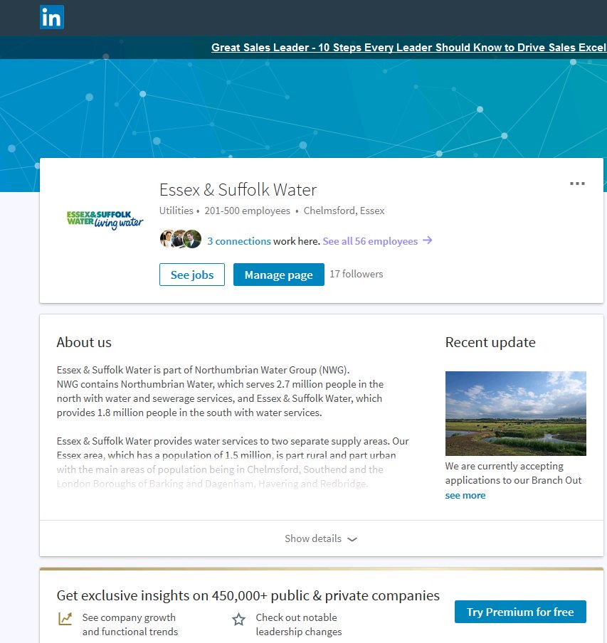 We have a new LinkedIn page for <a href="/ESWH2O/">Essex & Suffolk Water</a> &amp; will be posting #business news &amp; #jobs - follow us 4 the latest >> bit.ly/2ts8gQL #Essex