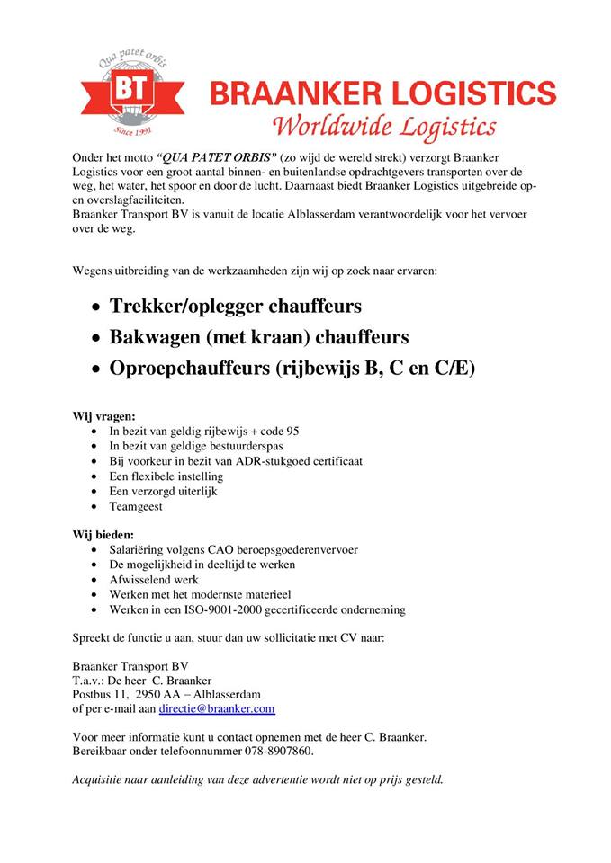 BraankerLog's tweet photo. Wegens uitbreiding van de afdeling wegtransport, zijn wij op zoek naar ervaren chauffeurs. Zie onze vacature voor meer details. https://t.co/lZFNlbjChD