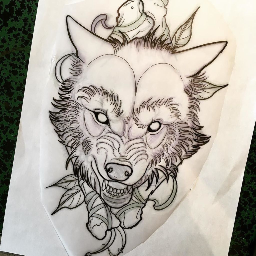 neo traditional wolf head tattoo