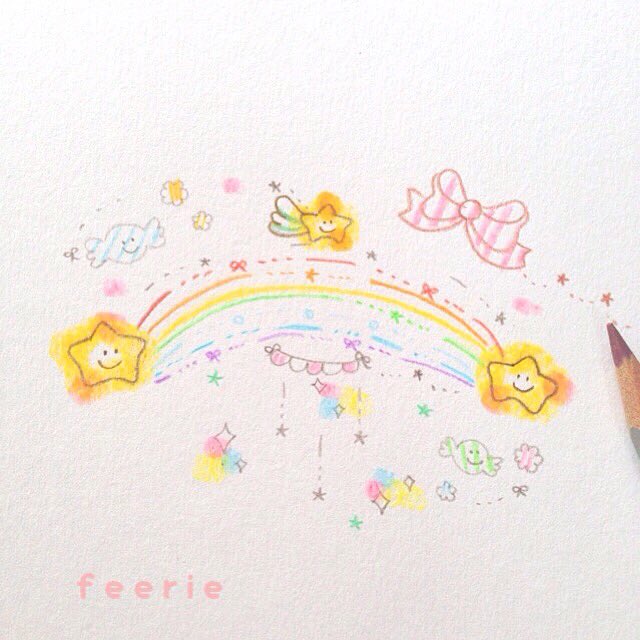 Feerie Sur Twitter 虹は 雨で空がキレイになって うれしくなったお星さまが リボンで遊んでる時に 見えるものなのかなぁ୨୧ ﾟ かわいいリボンを見つけた時は 虹に会えた時みたいに うれしくなるよ イラスト 色鉛筆 イラストレーター Illust Feerie
