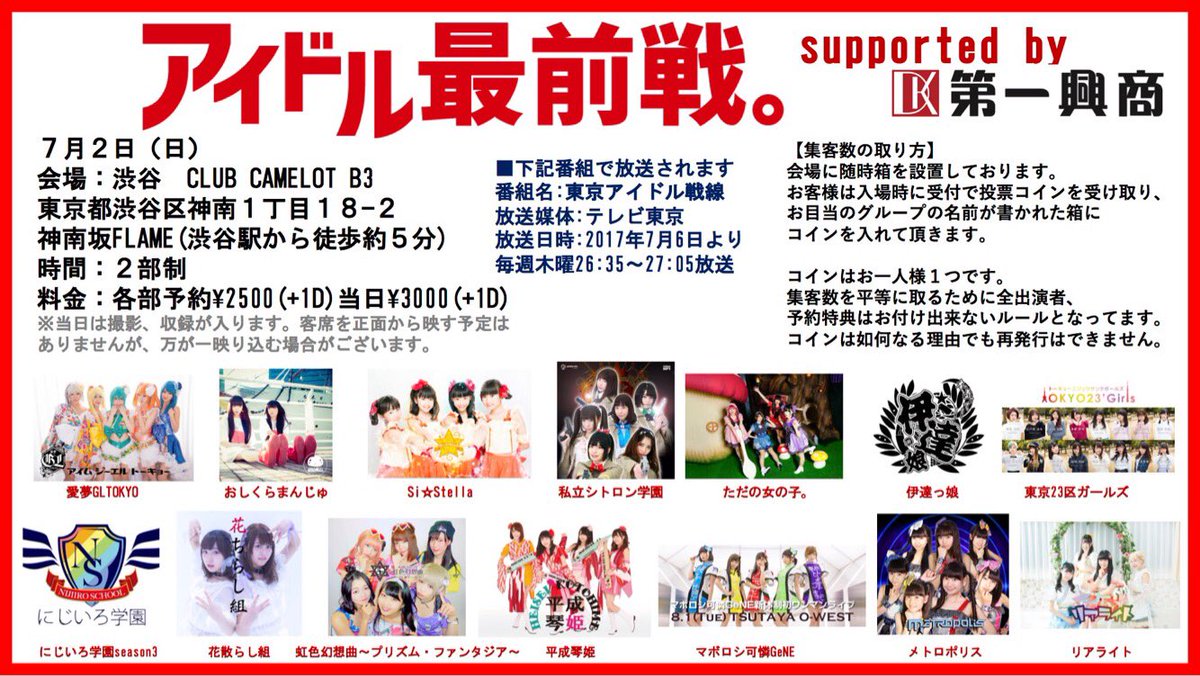 akibaidolfes's tweet image. 6月最終順位です。
1位は最後までトップを譲らなかったニコニコ♡LOVERSさんでした！おめでとうございます。
ライブの模様、舞台裏、特集は7/6(木)テレビ東京&quot;東京アイドル戦線&quot;で観れます！絶対ご覧ください。

次回→7/2(日)＠渋谷 CAMELOT B3
#アイドル最前戦