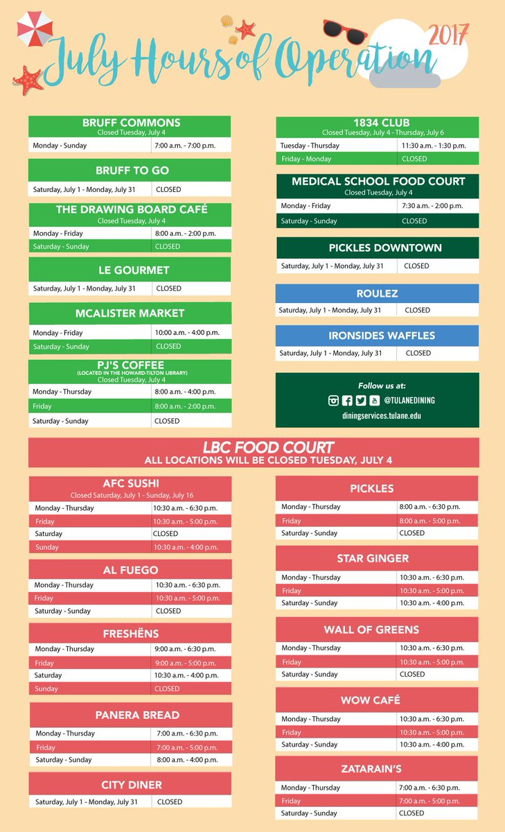 Check out our July hours of operation! #TulaneDining