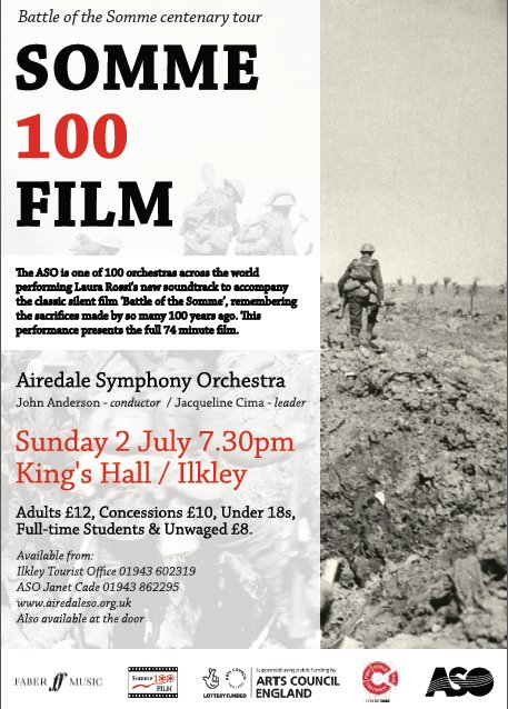 AiredaleSO's tweet photo. ASO is proud to present @Somme100FILM this Sunday 2nd July 7:30pm #Ilkley Kings Hall. Live music &amp; contemporary film #SommeFILM https://t.co/a3fkX6dLmf