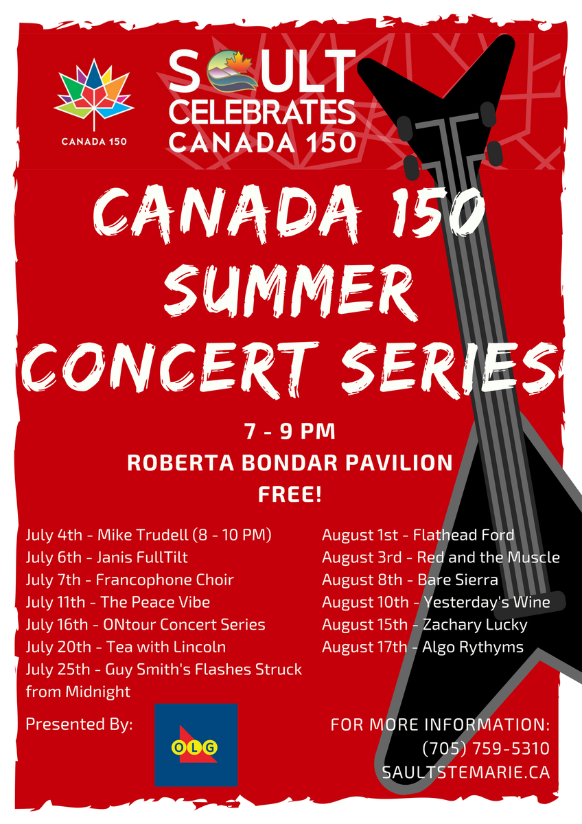 The 2017 Canada 150 Summer Concert Series starts July 4! More info: saultstemarie.ca/summerconcerts… https://t.co/7fchJsZkUc