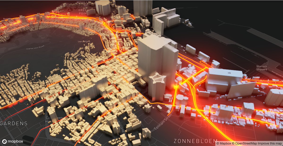 pissang1's tweet image. Metal buildings and glow taxi routes in Cape Town🤣 . #webgl #mapbox #echarts #dataviz