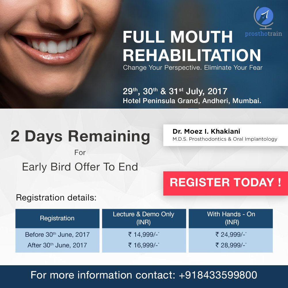 Last 2 days to avail the Early Bird Registration Offer
prosthotrain.com
#dentalimplants #dental #Dentist #Dentists #denistry