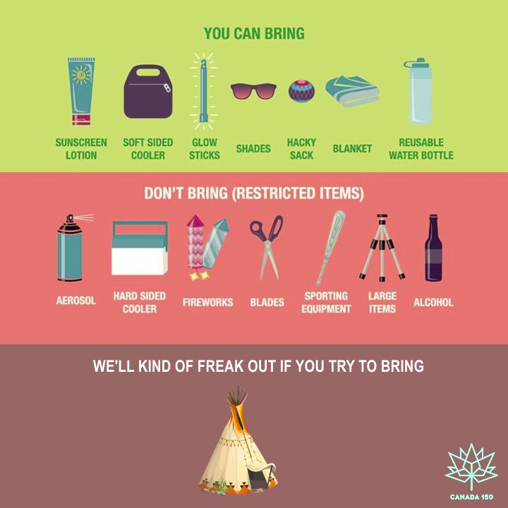 DenVan's tweet photo. Oh. Much clearer! Canada150 officials have released a new graphic to show what's allowed on Parliament Hill for #CanadaDay. #Canada150 https://t.co/ibEXEeOxKl