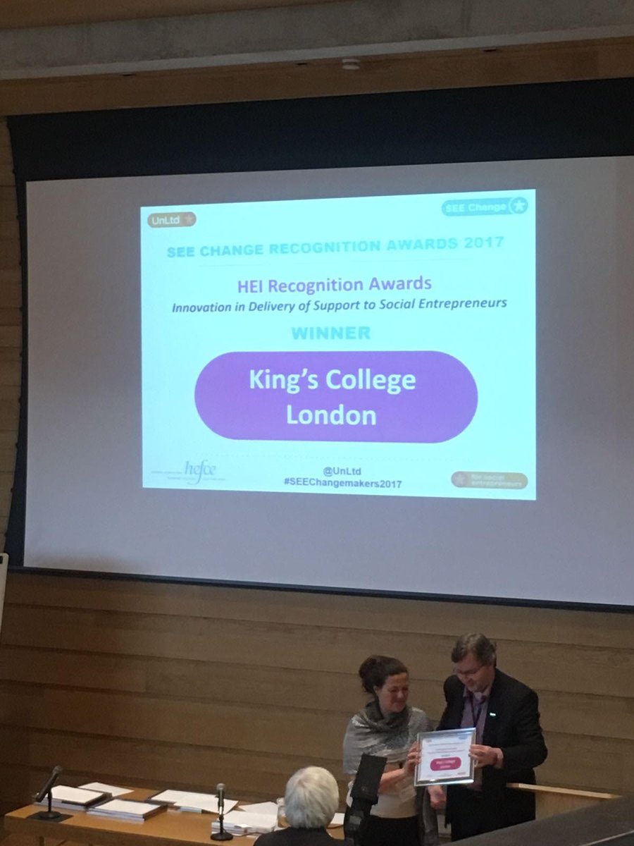 edhalliday's tweet photo. Proud that @InnovateKings & King's Social Enterprise Initiative won a @UnLtd #SEEchangemaker Recognition Award last night! #socent #HigherEd https://t.co/sW9LRMkShO