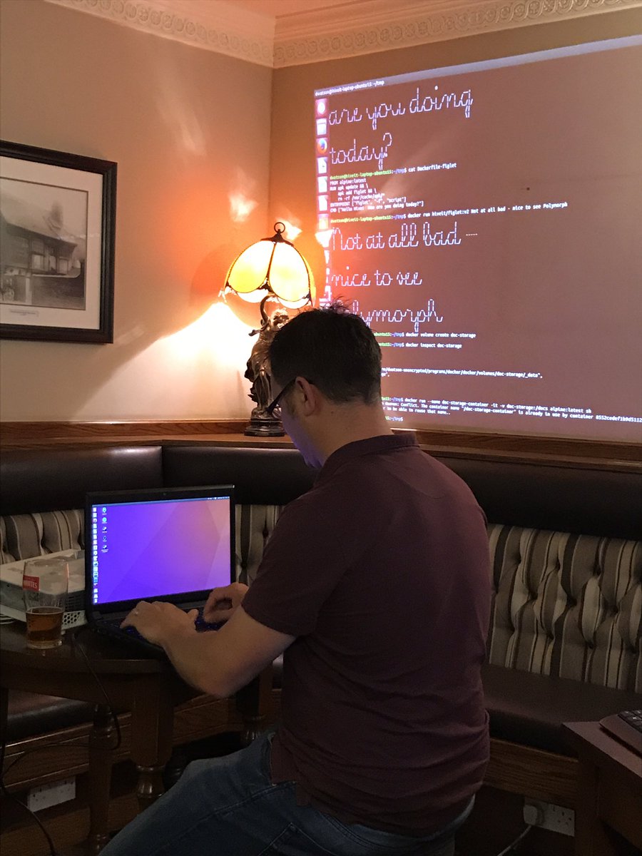HiveIT_uk's tweet photo. Our @duncanol in his happy place, talking containers #showandtell #docker #pub https://t.co/D9eV394Mfk