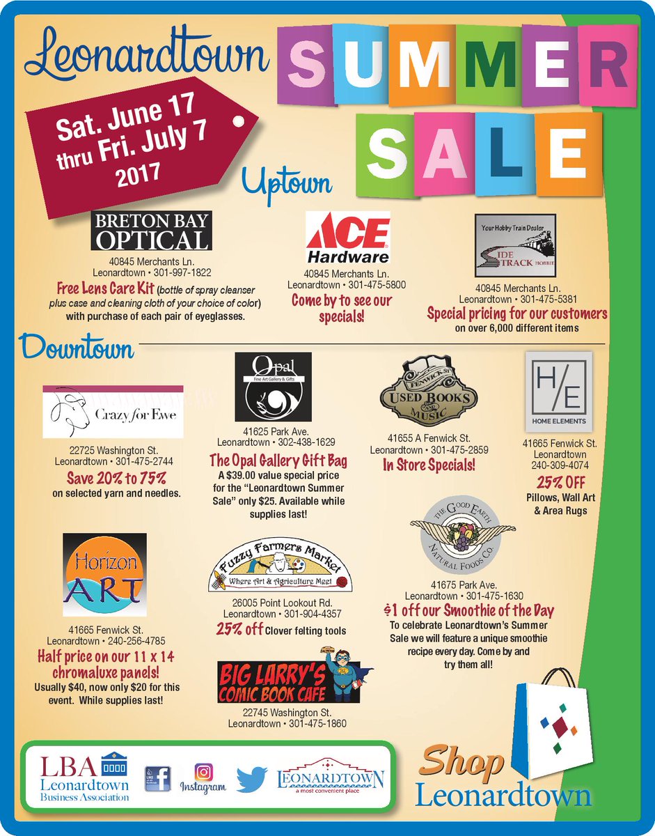Happening now thru July 7th! Don't wait to pick up some great deals during our #LeonardtownSummerSale2017! <a href="/Town_of_LTown/">Town of Leonardtown</a> <a href="/StMarysCounty/">St Mary's County </a>