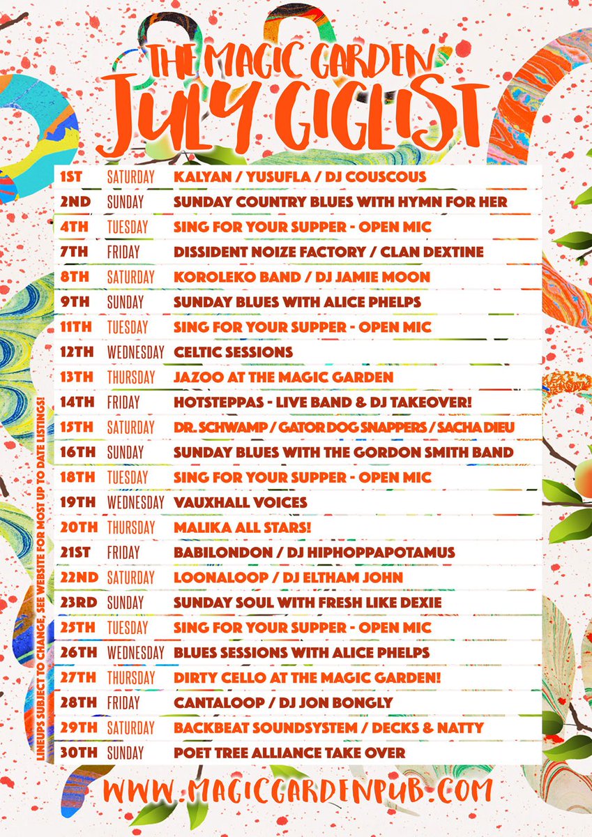 July at Magic Garden: plenty of reggae, plus jazz, world, soul, blues &amp; beyond, kicking off with <a href="/Kalyan_music/">Kalyan</a> + <a href="/yusuflatheband/">YUSUFLA</a> on the 1st!