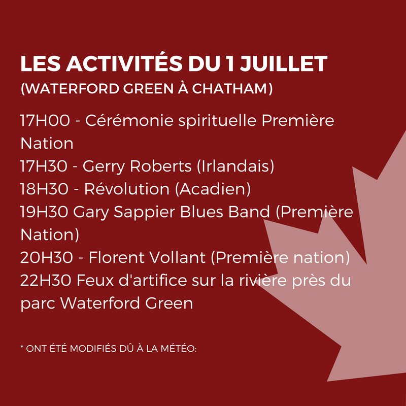 amoniquemills's tweet photo. Voir le détail des changements à l'horaire du 1er juillet à #Miramichi à cause de la pluie: https://t.co/duYlhbGUhj