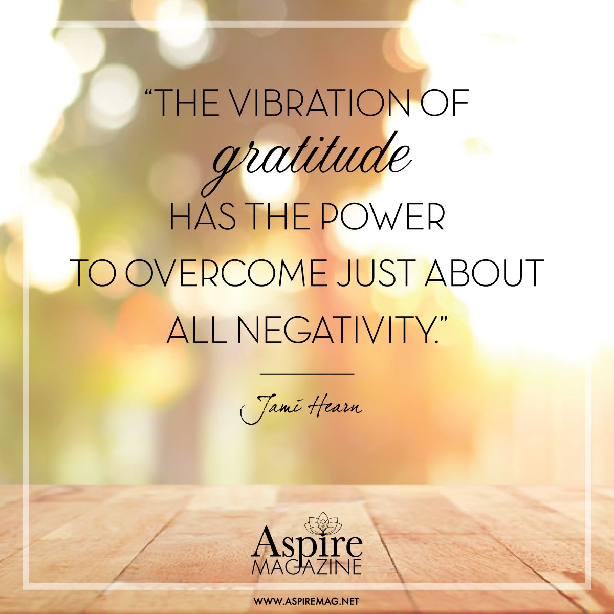 "The vibration of gratitude has the power to overcome just about all negativity." <a href="/JamiHearn/">Jami Hearn</a> 
bit.ly/2j3eAIc #Quote #AspireMag