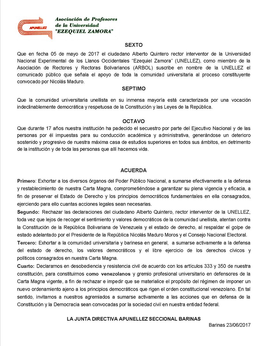 Pronunciamiento de APUNELLEZ Secc Barinas, referente a la convocatoria al proceso de la Constituyente. <a href="/fapuv/">FAPUV</a> <a href="/unellez/">UNELLEZ</a> @Mppeuct <a href="/hugbelpsuv/">Hugbel Roa</a>