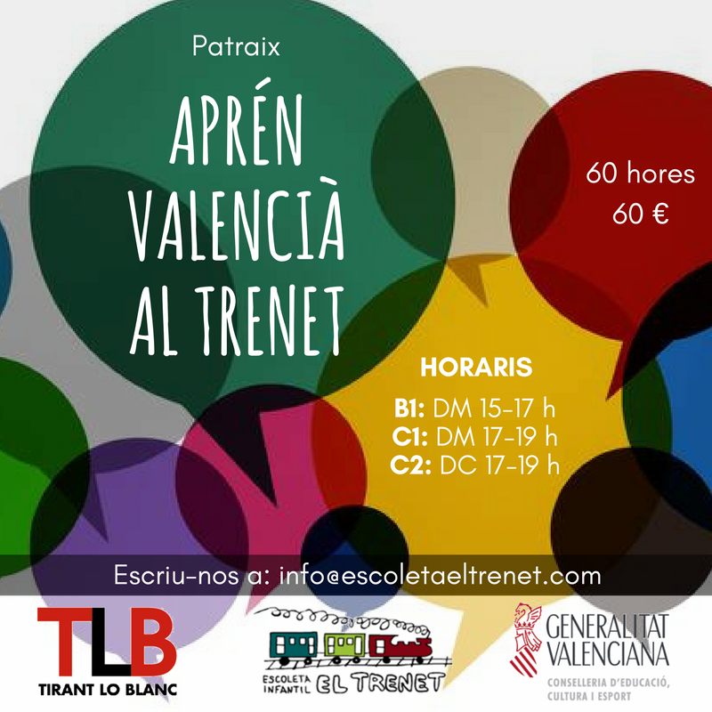 eltrenet's tweet photo. Nous cursos de valencià a l'Escoleta El Trenet de Patraix, organitzats per l'@acvtirant amb el suport de DG Pol. Lingüística. T'hi esperem! https://t.co/u5YHkuLPXx