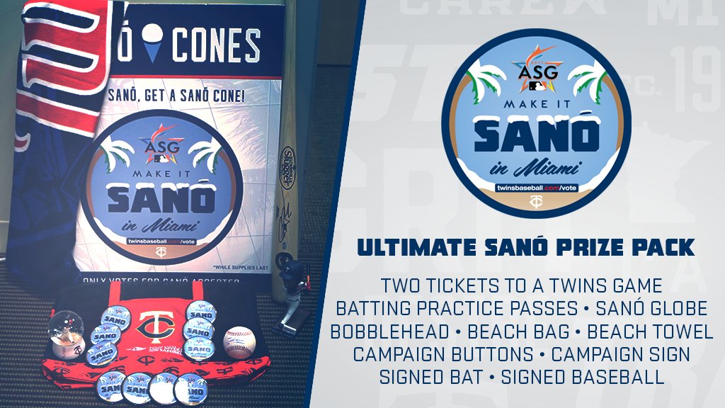 Twins's tweet photo. Sanó needs your help to get him to Miami!

RT, vote 5x, &amp; reply w/ ballot screen for chance to win this prize pack! https://t.co/BK7V6UDZUe https://t.co/ytREFeVst6