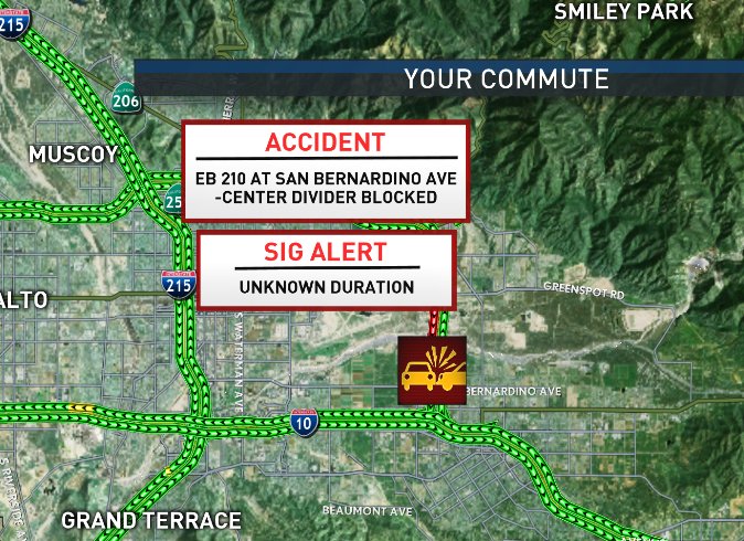 6:52 am – Just spoke to CHP &amp; was told a fatal accident is in the center divider on the EB 210 @ San Bernardino Ave.  Delays start @ 5th.