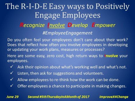 ImproveX4Change's tweet photo. TODAY=The second #5thThursdayInAMonth 2017. How we INVOLVE staff drives Pos or Neg #EmployeeEngagement. @HRPA @JimClemmer @coachgoldsmith https://t.co/4YqzyidZvS