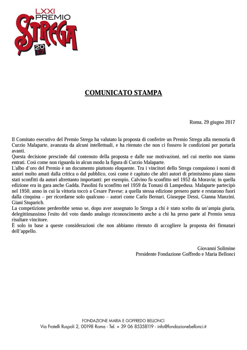 PremioStrega's tweet photo. La risposta di Giovanni Solimine, presidente della @FondBellonci alla petizione per il #PremioStrega alla memoria a #CurzioMalaparte https://t.co/K78FzNFjIe