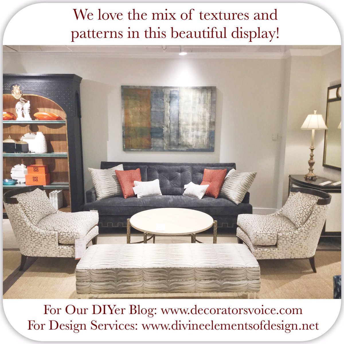 DivineEleDesign's tweet image. R/T Don't be afraid to mix and match patterns and textures in your home's decor. We love this fab display by @AmbellaHome at @DallasMarket