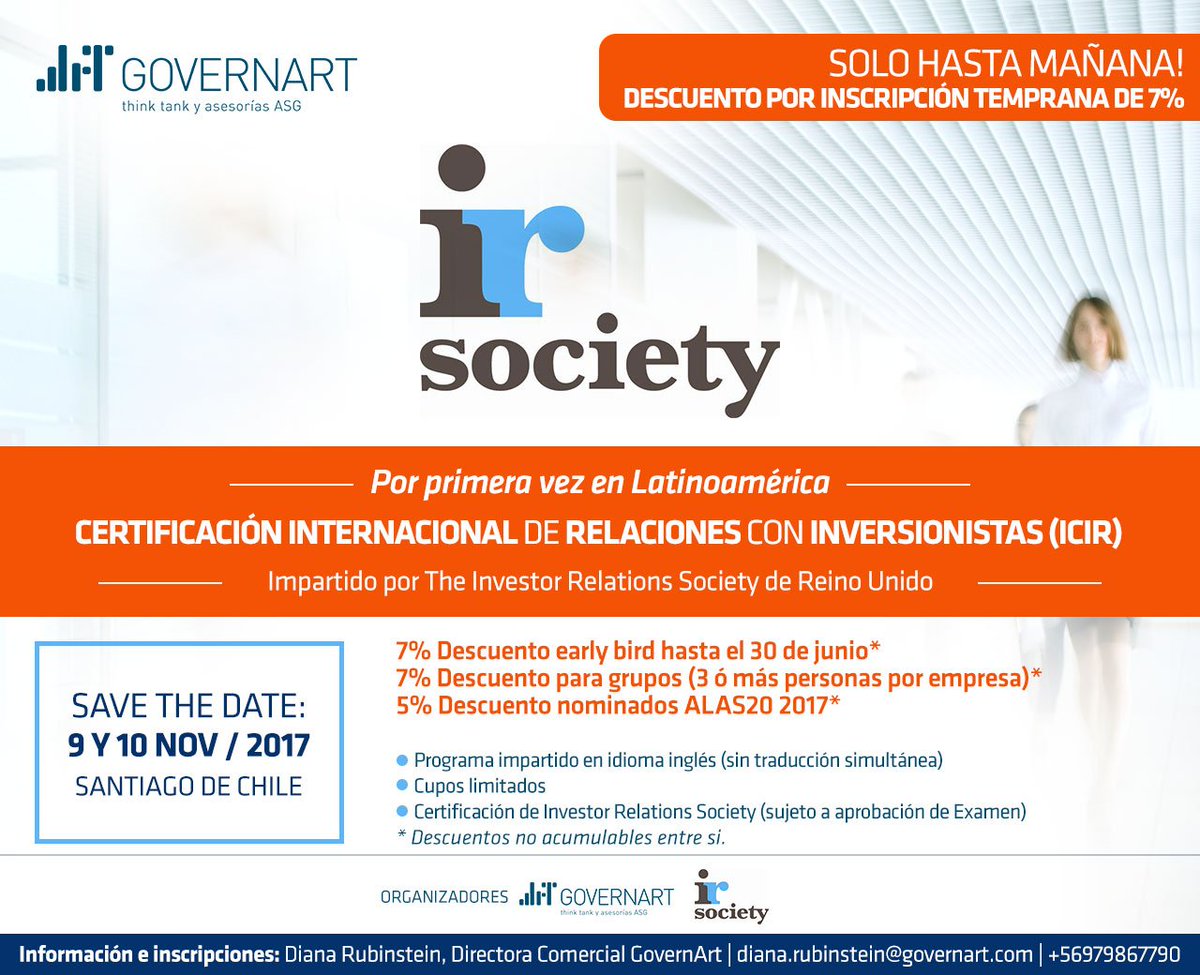 ALAS_20's tweet photo. Solo hasta mañana descuento Early Bird! Certificación Internacional de Relaciones con Inversionistas (ICIR) Más info https://t.co/fCOUFcItft https://t.co/OLQyboc5wa