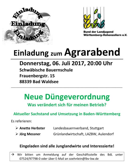 bdlagrar's tweet photo. Agrarabend zur neuen Düngeverordnung, 6.7. Bad Waldsee #bdlagrar https://t.co/i5OLA9YlH6
